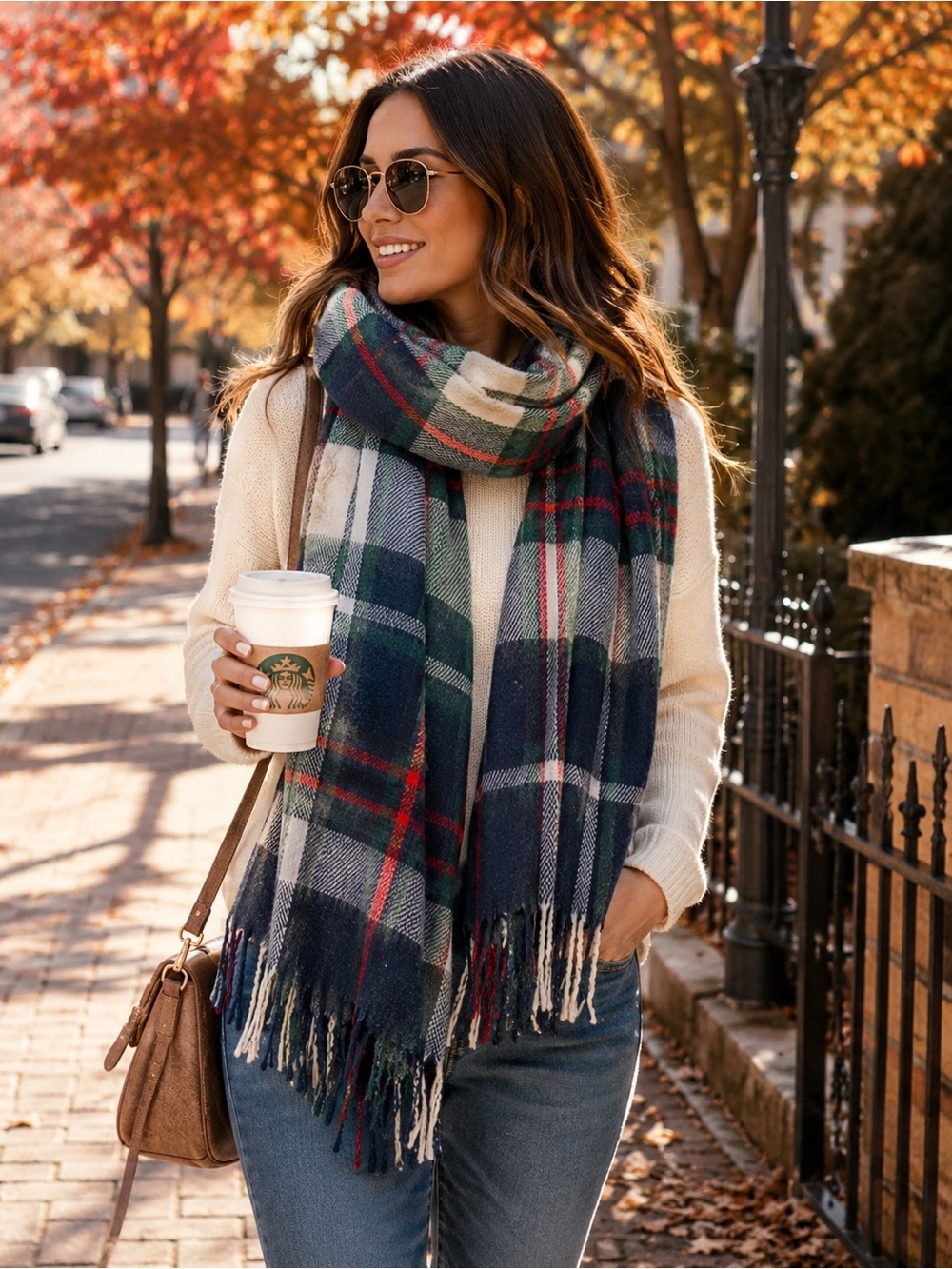 Navy cream red green long fluffy warm scarf 💥